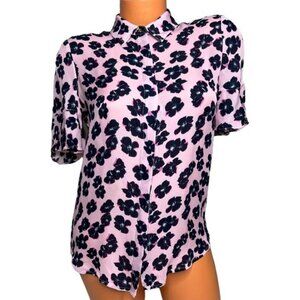 Draper James Silk Hibiscus Blouse Womens Pink Navy Floral Short Bell Sleeve Sz 0